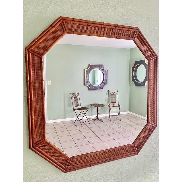 Wood Large Vintage Faux Bamboo & Wicker Octagonal Wall Mirror – Hollywood Regency Coastal Style, Circa 1970s For Sale - Image 7 of 7