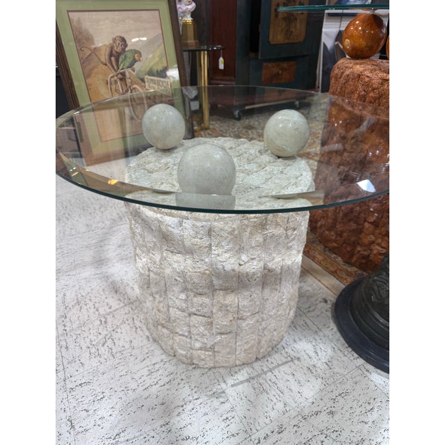 Postmodern Vintage 1980s Postmodern Mactan Fossil Stone Round Side Table With Glass Top For Sale - Image 3 of 4