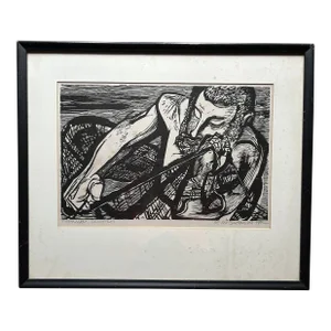 Vintage 1970’s Woodcut Print of Fisherman by R. F. McGovern
