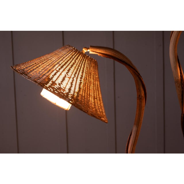 Wood Thalia Double Rattan Floor Lamp With 2 Adjustable Woven Floral Conical Shades For Sale - Image 7 of 14