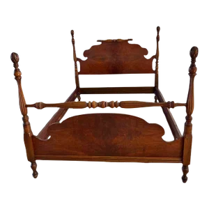 Antique Early 20th Century Burlwood Walnut Four Poster Full Bed Frame.