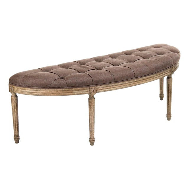 Louis Demilune Curve Tufted Bench - Eggplant Brown Linen / Natural Oak Frame For Sale