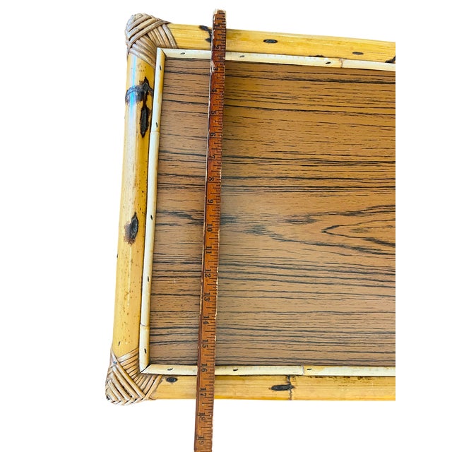 1960s Burnt Bamboo & Rattan Wrapped Two-Tier Drinks or Bar Cart on Casters For Sale - Image 12 of 12