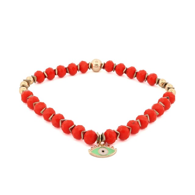 Early 21st Century Red Flame & Green Gaze Evil Eye Beaded Anklet For Sale - Image 5 of 5