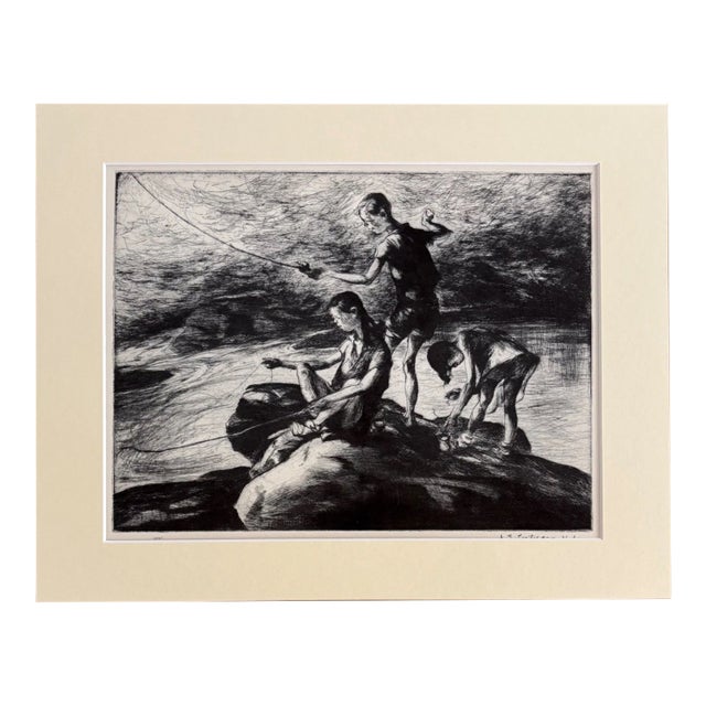 Vintage 1939 Print in 11x14 Mat: John E. Costigan, "Fishermen Three" Frame Ready For Sale