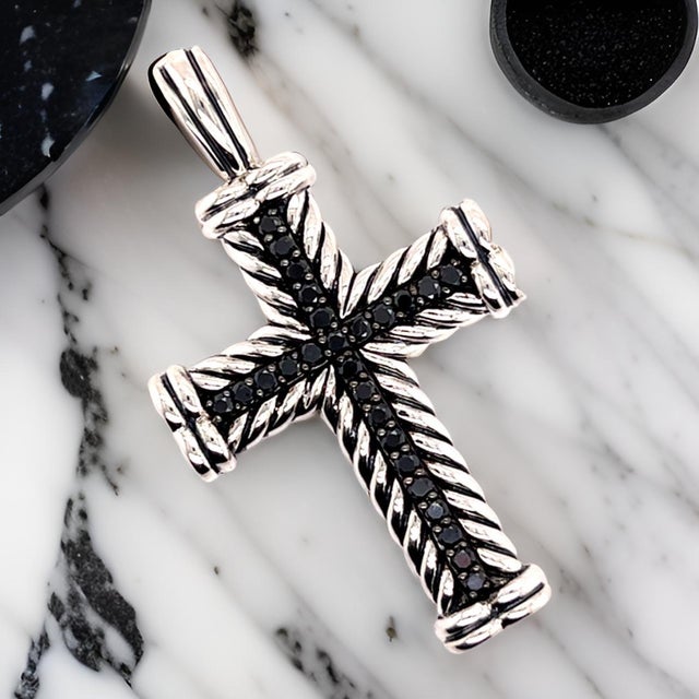 1990s David Yurman Black Diamond Chevron Silver Cross Pendant 16.5g Estate For Sale - Image 9 of 14