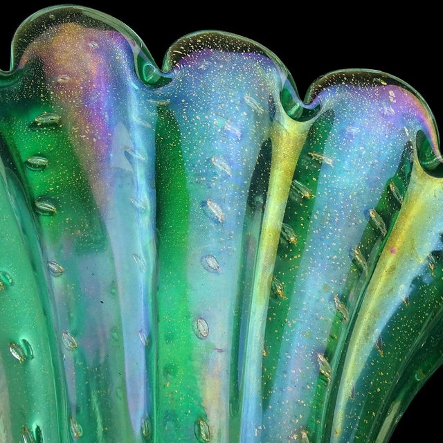 Vintage Murano Green Iridescent Gold Flecks Bubbles Italian Art Glass Fan Shape Scalloped Rim Flower Vase For Sale - Image 9 of 12