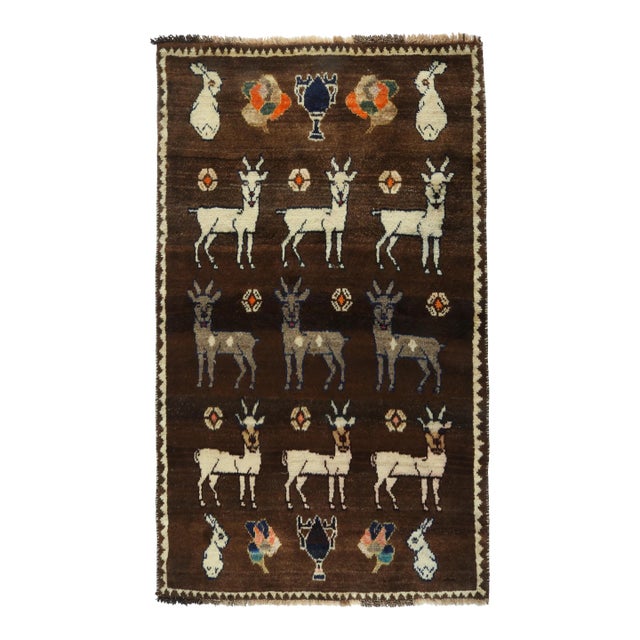 1950s Vintage Gabbeh Tribal Rug in Beige-Brown With White Animal Pictorial Patterns For Sale