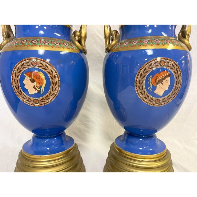 Early 20th Century European Neoclassical Hand Painted Blue Porcelain Urns With Chariot Scenes- a Pair For Sale - Image 11 of 12