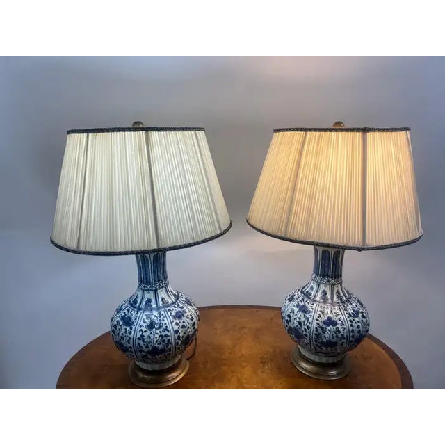 Oriental Chinese Ming Dynasty Style Blue & White Table Lamp w Org Shades, A pair A pair of late 20th-century Chinese blue...