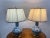 Oriental Chinese Ming Dynasty Style Blue & White Table Lamp w Org Shades, A pair A pair of late 20th-century Chinese blue...
