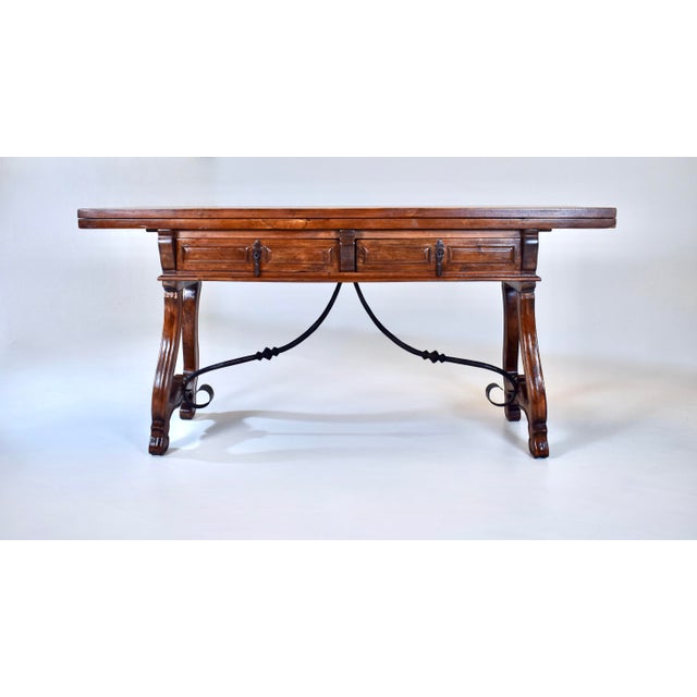 20th Century Spanish Fold Out Dining and Console Table With Iron Stretcher and Two Drawers For Sale - Image 17 of 17