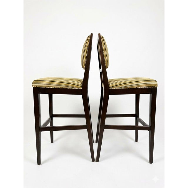 American Set of 2 Cherish-Bar Stools From Crate & Barrel With Romo Striped Textured Velvet Upholstery Seat Covering For Sale - Image 3 of 5