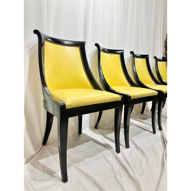 Late 20th Century Late 20th Century Empire-Style Ebonized Black Lacquer & Yellow Leather Gondola Dining Chairs For Sale - Image 5 of 8