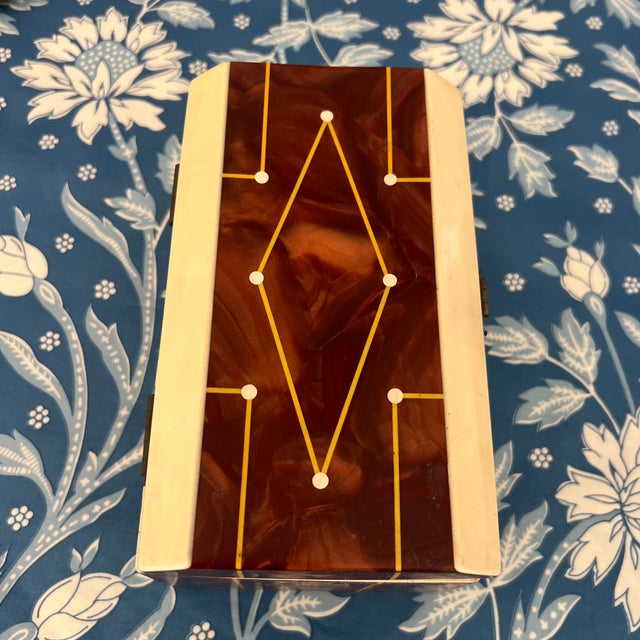 Antique English Art Deco Regency Faux Tortoiseshell and Faux Ivory Tea Caddy Box With Inlay For Sale - Image 4 of 8