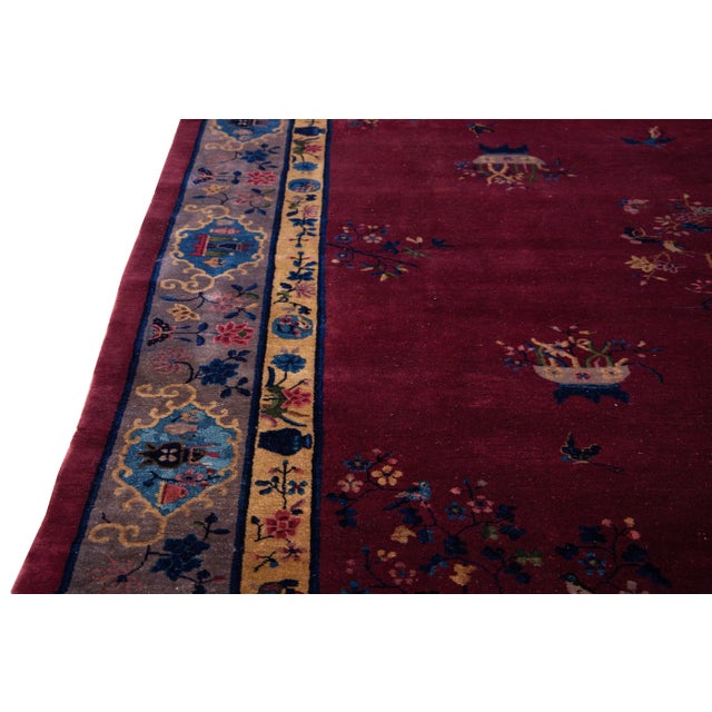 Antique Peking Handmade Chinese Floral Designed Burgundy Wool Rug For Sale - Image 10 of 11
