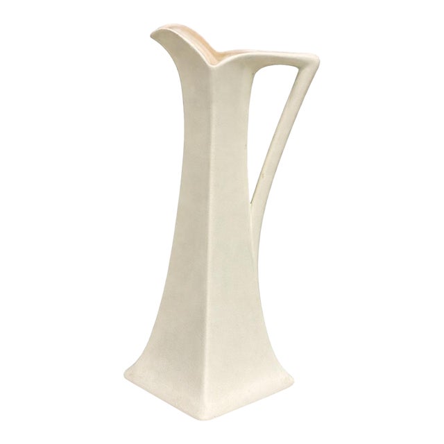 Vintage Mid-Century Modern Sculptural Ceramic Ewer Vase With Square Base – Ivory Matte Finish For Sale