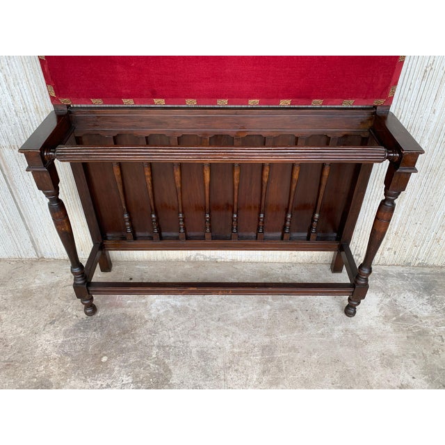 Brown 19th Large Carved Spanish Solid Walnut Coat Rack Stand with Red Velvet Back For Sale - Image 8 of 18