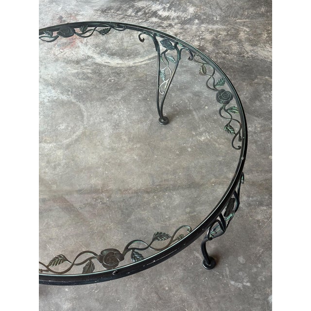 Black Wrought Iron Rose Patio Coffee Table With Round Glass Top by Woodard, Mid-20th Century For Sale In Greensboro - Image 6 of 14