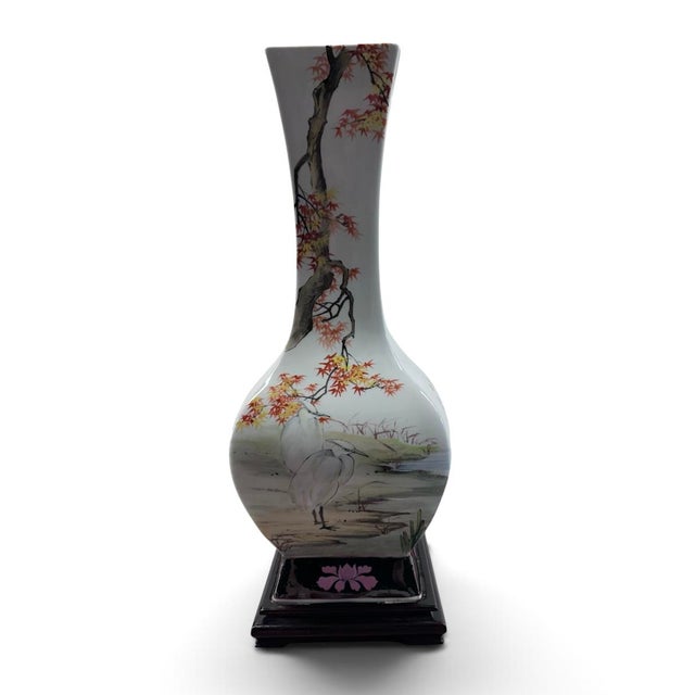 Late 20th Century Tall Ming Village Four-Sided Hand-Painted Chinese Porcelain Crane & Blossom Vase, 21" For Sale - Image 5 of 18