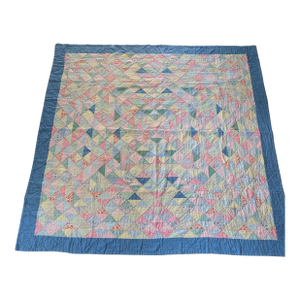 Vintage Handmade Irish Chain Postage Stamp Quilt With Wide Blue Border