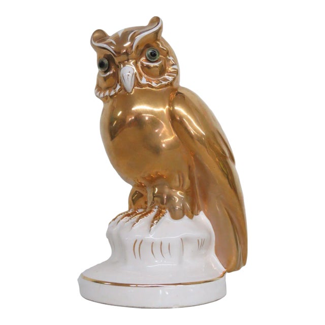 Vintage Estatuaria Portugal Porcelain Gold Owl Figurine For Sale