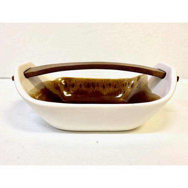 Mid-Century Modern 1950s Scandinavian Handmade Ceramic Dish With Wooden Handle For Sale - Image 3 of 9