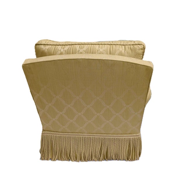 Traditional 1980s Elegant Custom Made Gold Trellis Pattern Deep Seat Armchair With Bullion Fringe and Slip Covers For Sale - Image 3 of 10