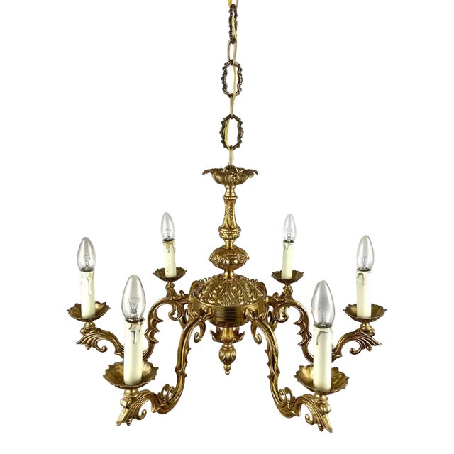 Vintage French Gilt Brass 6-Arm Chandelier, 1960s For Sale