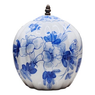 Antique Chinese Blue White Ginger Jar Hand Painted Porcelain 13 Inch Melon Ribbed For Sale