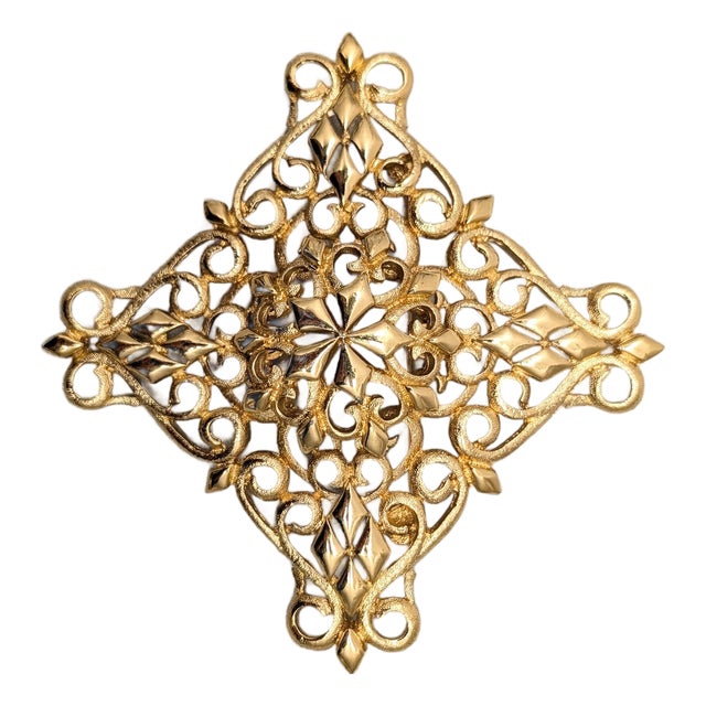Vintage 1969 Signed Monet Goldtone Openwork Brooch For Sale