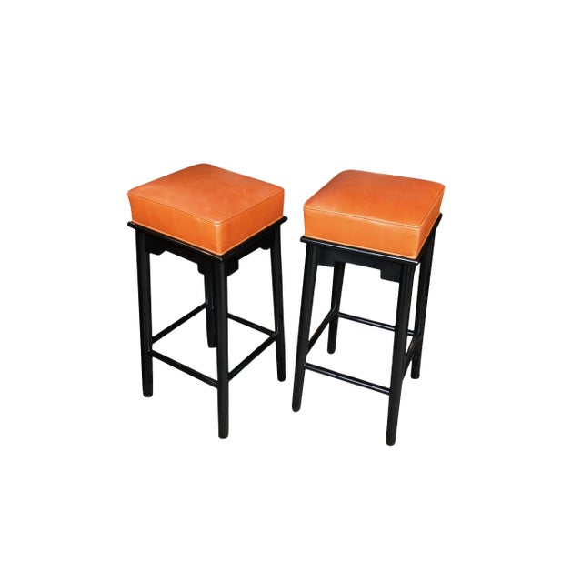 1950s Leather & Lacquered Bar Stools in the Style of James Mont - a Pair For Sale