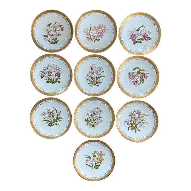 Set of 10 Antique T&v Limoges Hand-Painted Orchid Cabinet Plates for Ovington Bros., Circa 1895 For Sale
