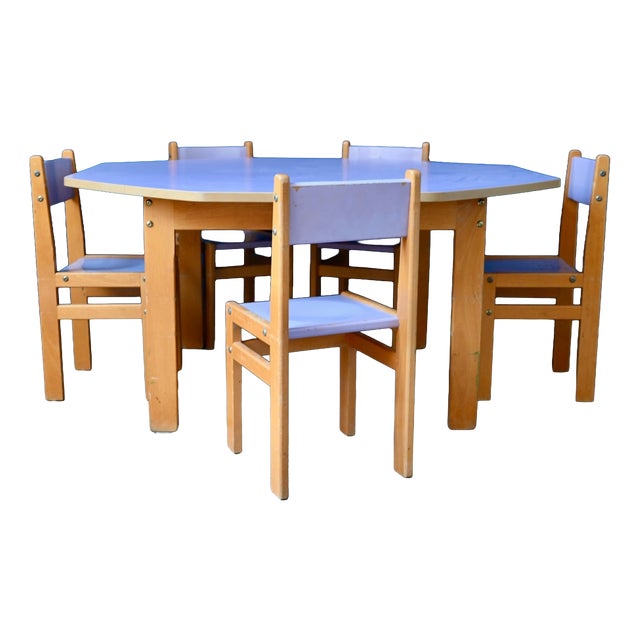 Vintage Octagonal Children's Table & Chairs in Beech and Lilac Formica, 1970s, Set of 6 For Sale