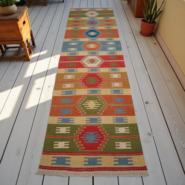 Rustic Vintage Turkish Hand Woven Kilim Rug. Flat Weave Hallway Rug Kitchen Decor - 2′9″ × 9′11″ For Sale - Image 3 of 14