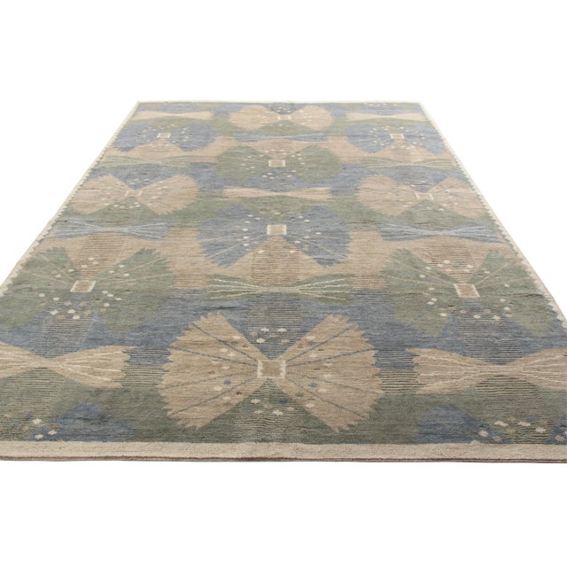 Mid-Century Modern Rug & Kilim’s Scandinavian Style Rug in Green, Blue and Beige Geometric Pattern - 13x18 For Sale - Image 3 of 6