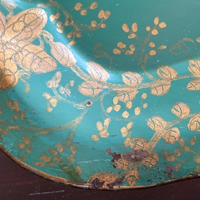 Early-20th Century Hand-Painted Teal & Gold Tole Serving Tray For Sale - Image 14 of 17