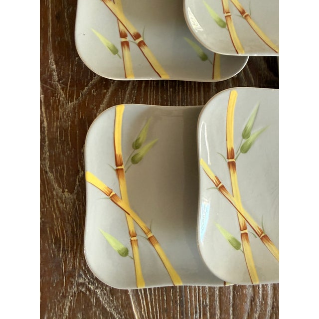 Mid 20th Century Weil Ware California 5.75 Inch Square Plates Hand Decorated Bamboo Pottery - Set of 6 For Sale - Image 4 of 11