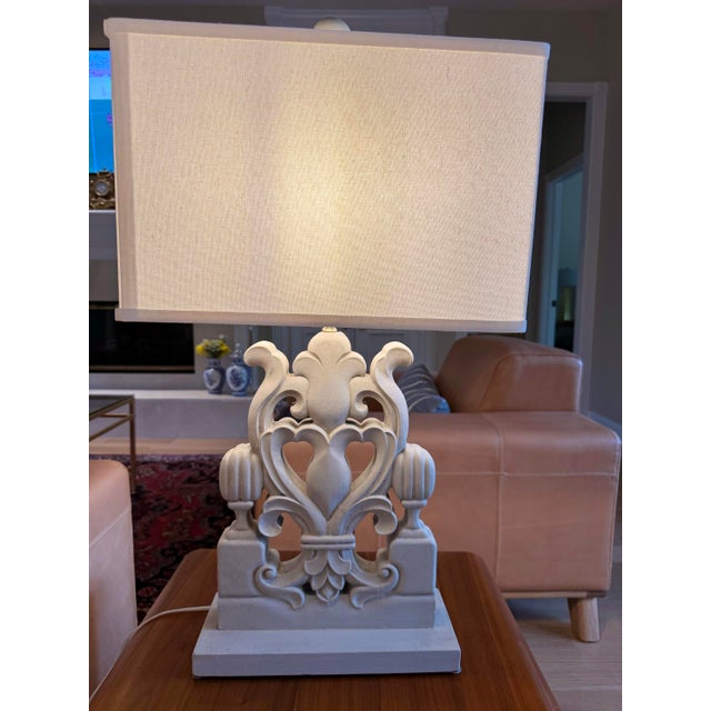 Lillian Home Wylie Carved Wood Table Lamp With Linen Shade – New For Sale - Image 4 of 5