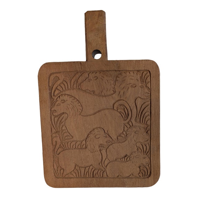 Hand Carved Folk Art Cutting Board Lion Motif For Sale