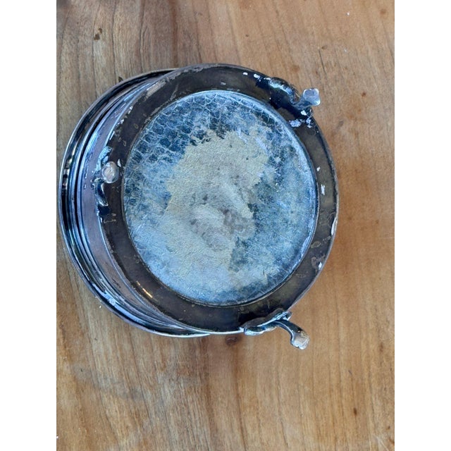 Metal Round Metal Box With Inlaid Steamship Lid on Three Feet For Sale - Image 7 of 7