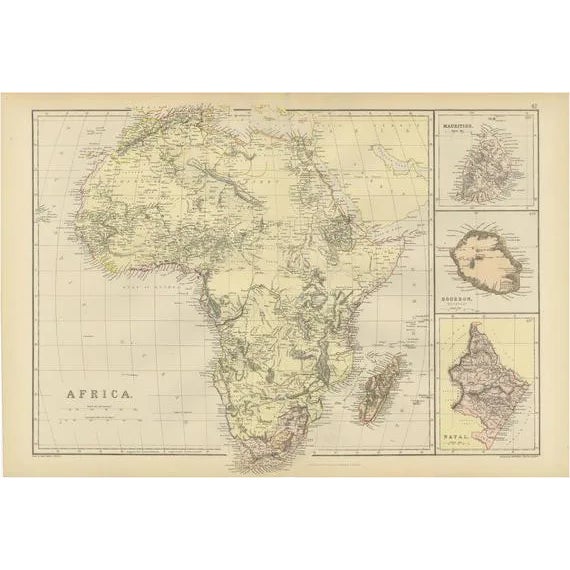 Antique Map of Africa with Insets of Mauritius, Reunion and Natal, 1882 For Sale