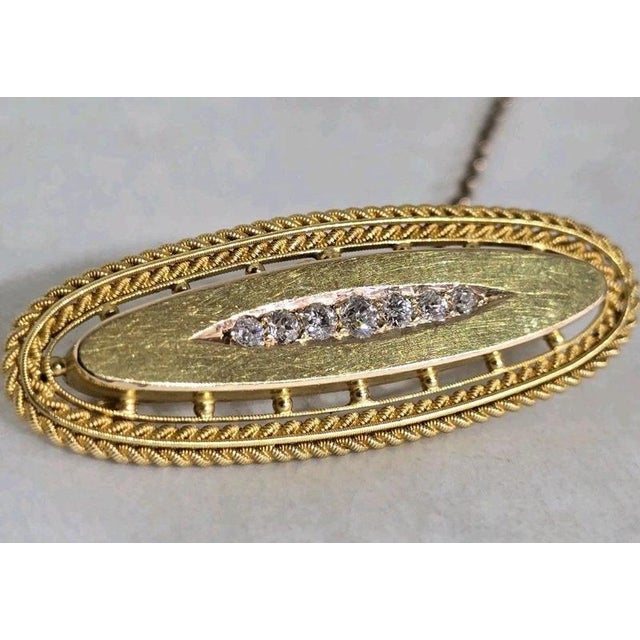 Antique Victorian Etruscan 15ct Gold Seven-Stone Mine Cut Diamond Bar Brooch For Sale - Image 3 of 15