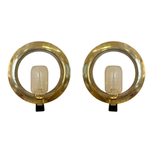 Contemporary Pair of Circle Brass and Murano Glass Sconces, Italy