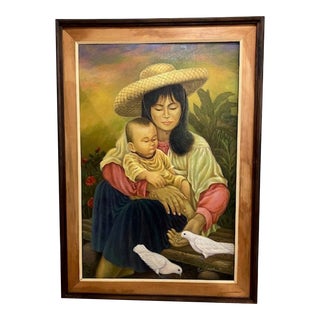 1990s Mother and Child Painting From Southeast Asia, Framed For Sale