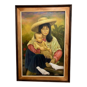 1990s Mother and Child Painting From Southeast Asia, Framed
