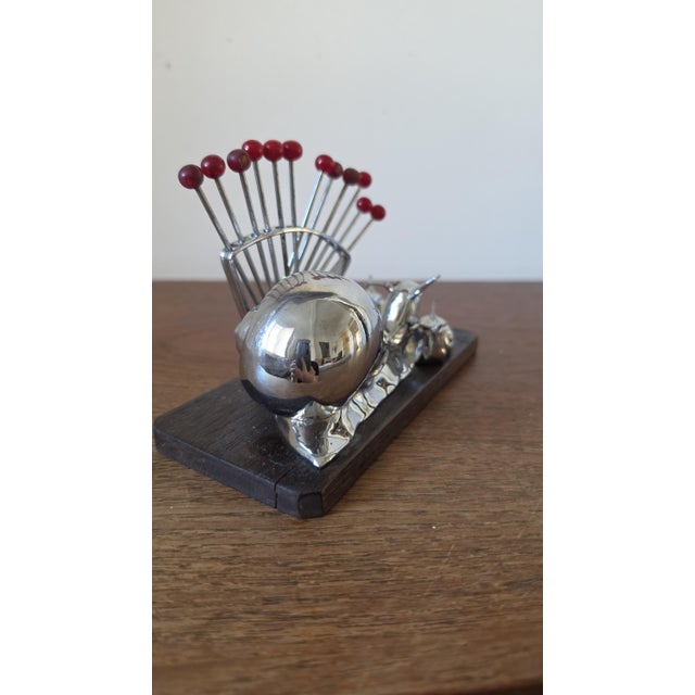 Vintage Snail Cocktail Pick Holder Mid Century Barware Chrome Snail Toothpick Holder Atomic Era Martini Olive Picks For Sale - Image 4 of 9