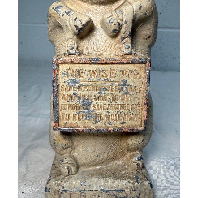 1910s Antique Thrifty Be Wise Metal Pig Hand Painted Cast Metal Coin Still Dime Bank For Sale - Image 5 of 10