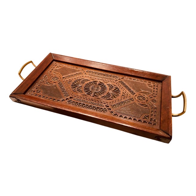 Antique Edwardian Hand-Carved Wooden Serving Tray with Brass Handles, England, 1890s For Sale