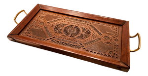Antique Edwardian Hand-Carved Wooden Serving Tray with Brass Handles, England, 1890s